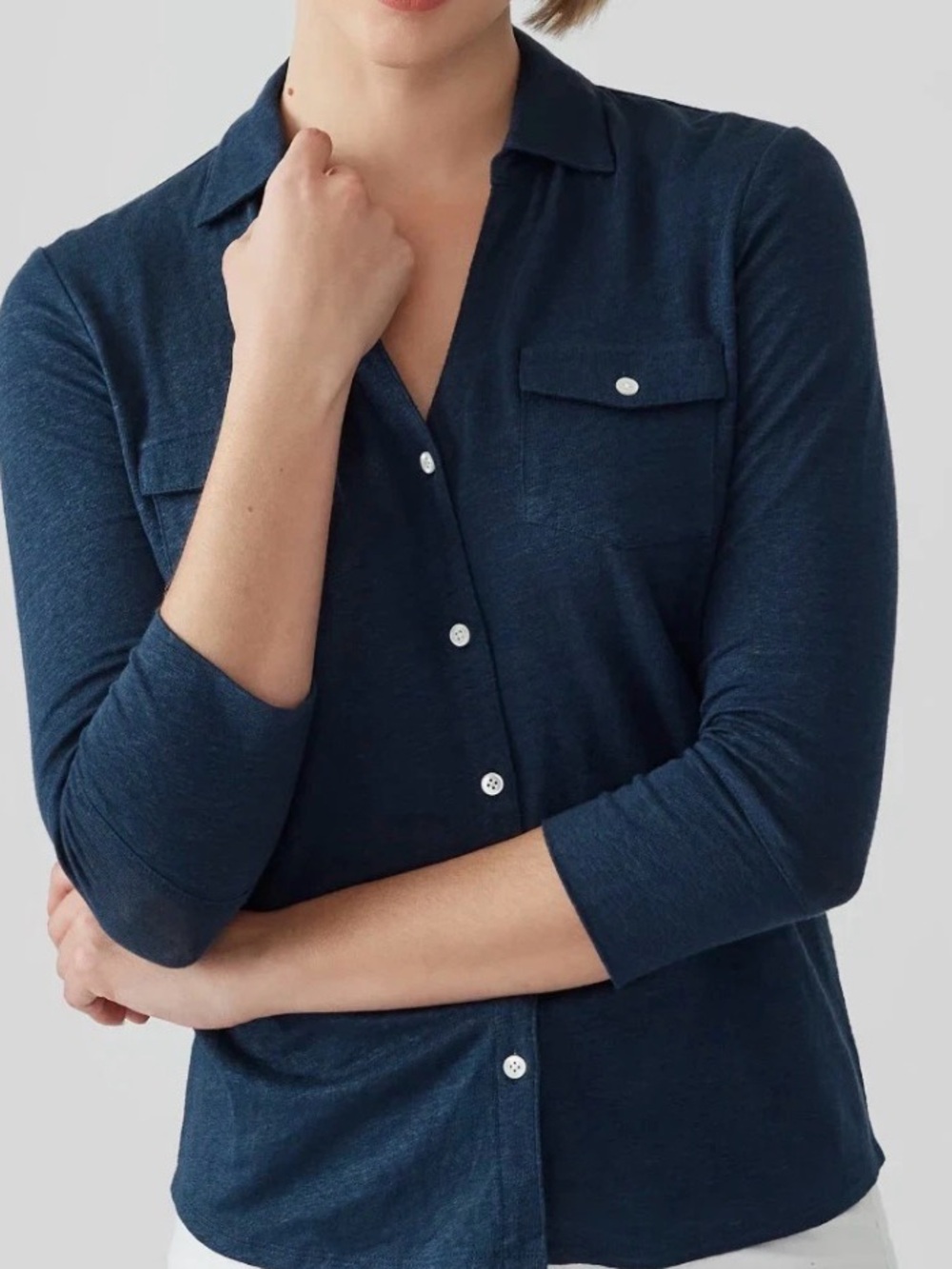 J. McLaughlin Brynn Linen Stretch 3/4 Sleeve Button Down Shirt Navy M